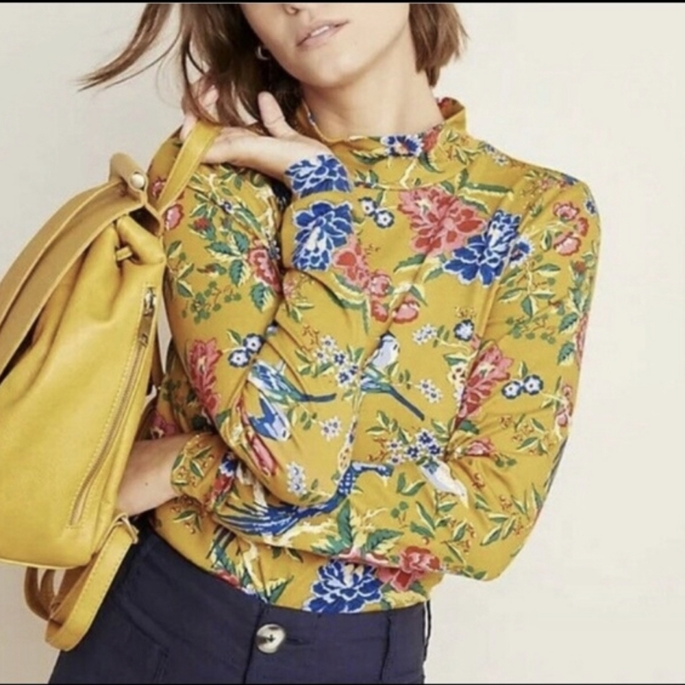 Anthropologie Mustard Yellow Floral Long Sleeve Tee
